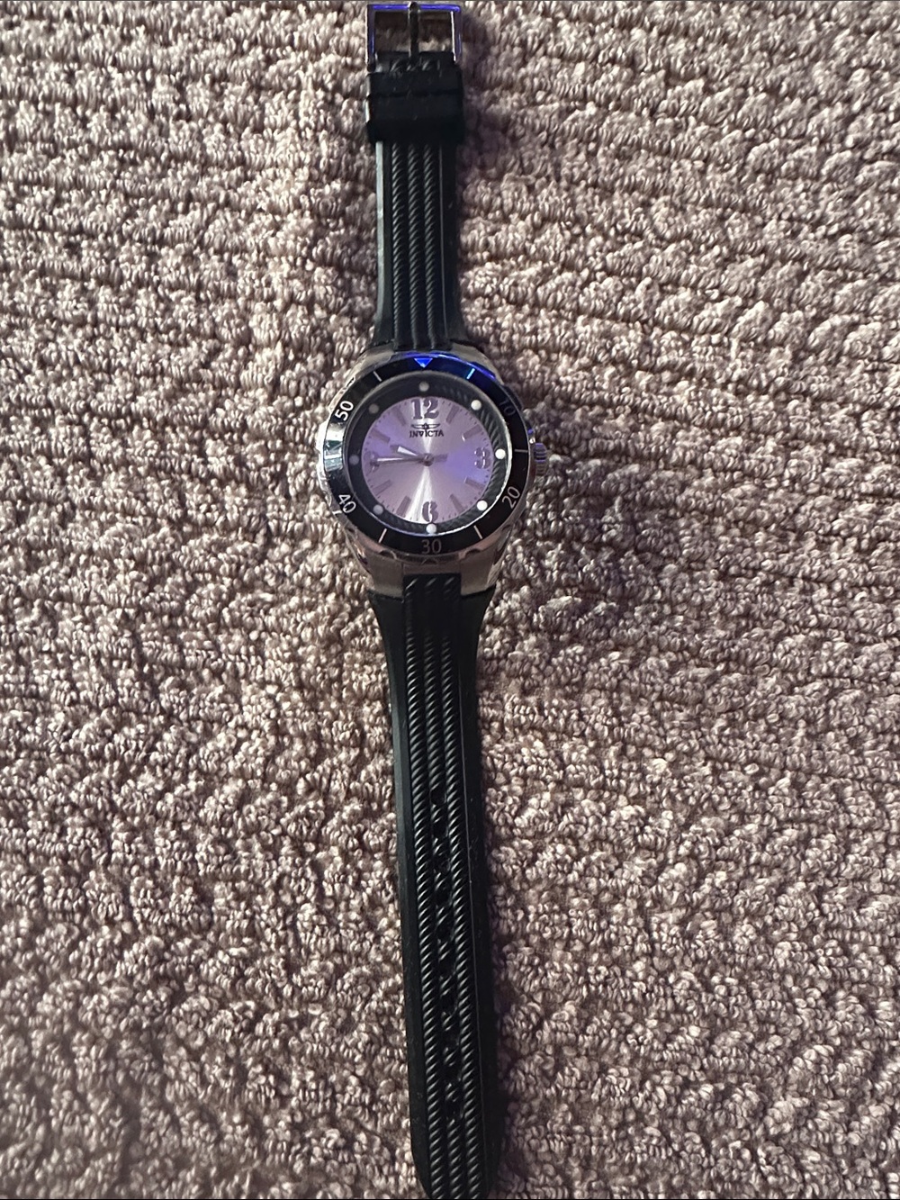 Invicta Black Strap Watch with Silver Case and Purple Dial